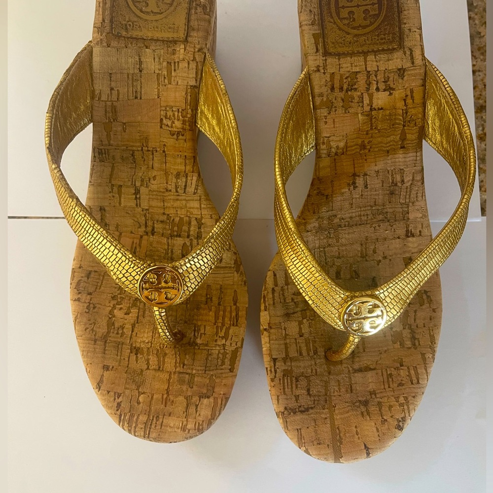 Tory Burch Metallic Gold Suzy Cork Wedge Sandal Size 8